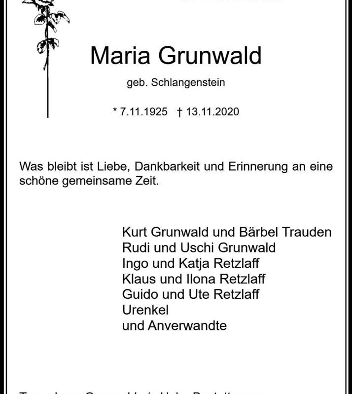 Zeitungsanzeige Maria Grunwald