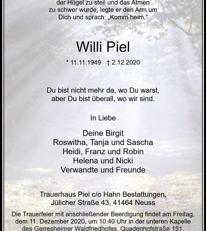 Zeitungsanzeige Willi Piel